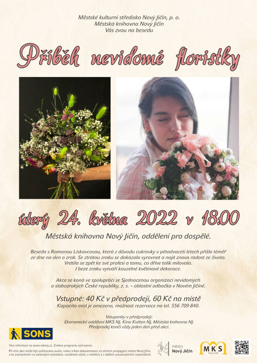 Pozvánka na besedu s nevidomou floristkou Romanou Lískovcovou.