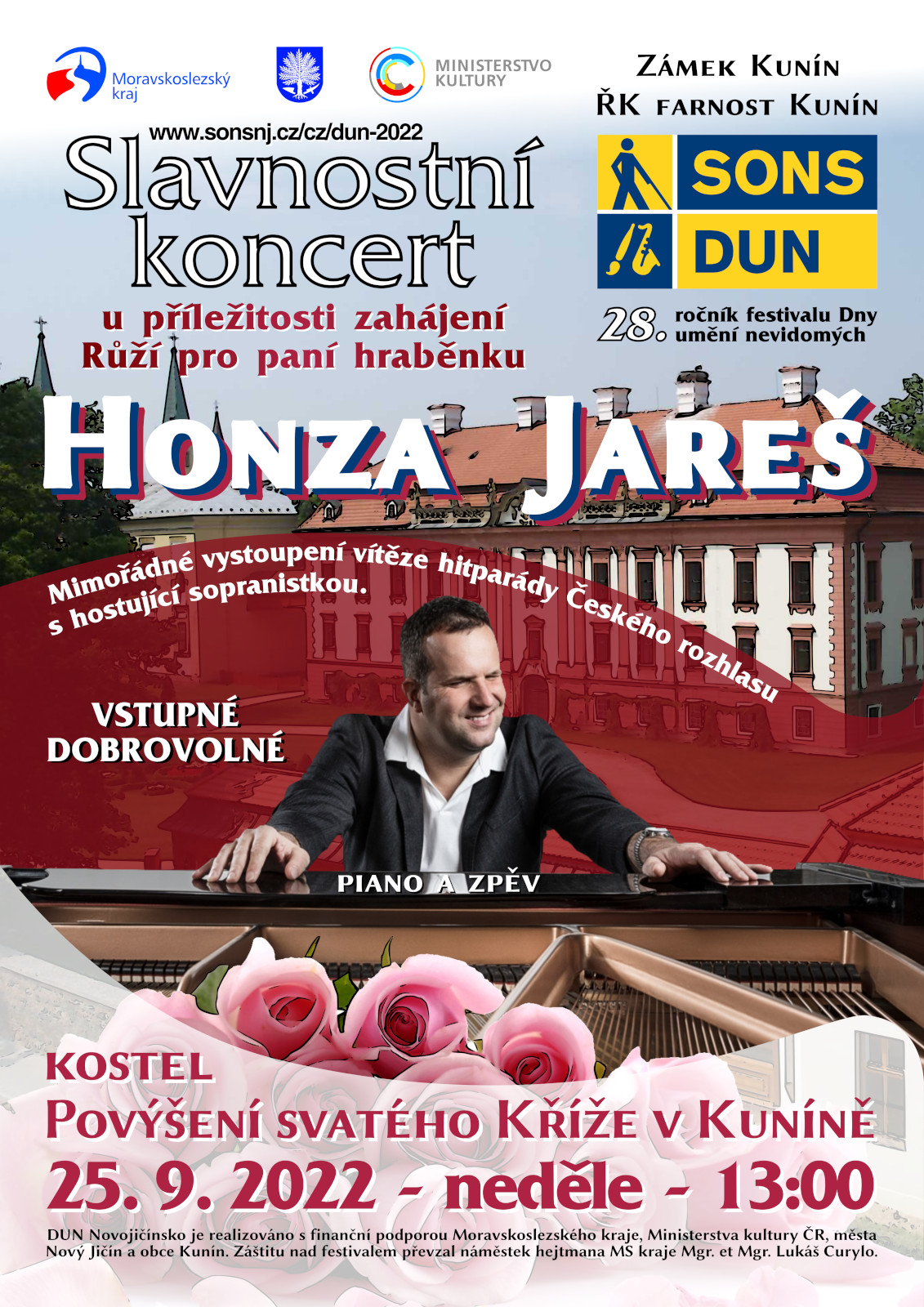 Pozvánka na Koncert Honzy Jareše se sopranistkou v Kuníně v rámci DUN Novojičínsko a součástí „Růží pro paní hraběnku“.